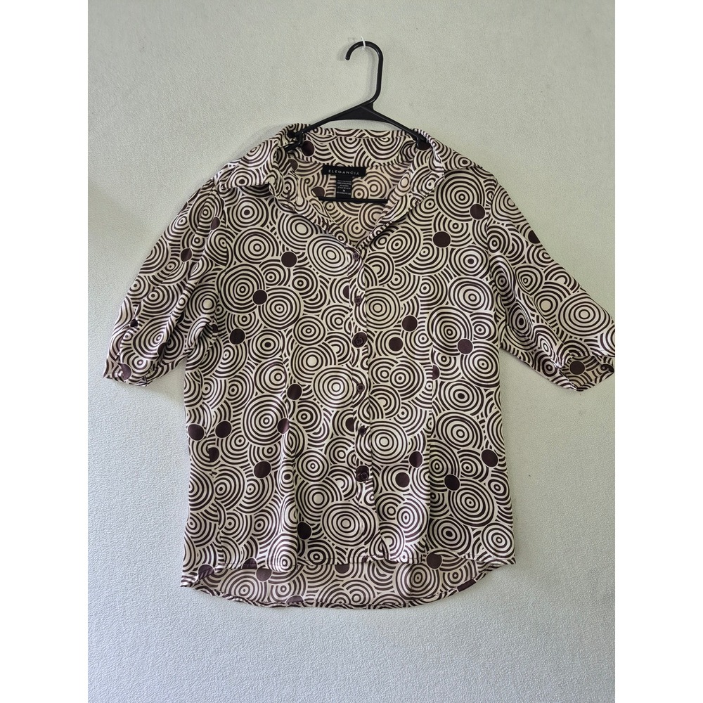 Elegancia Womens Brown‎ Cream Swirl Mod Button Down Blouse Short Sleeve Medium